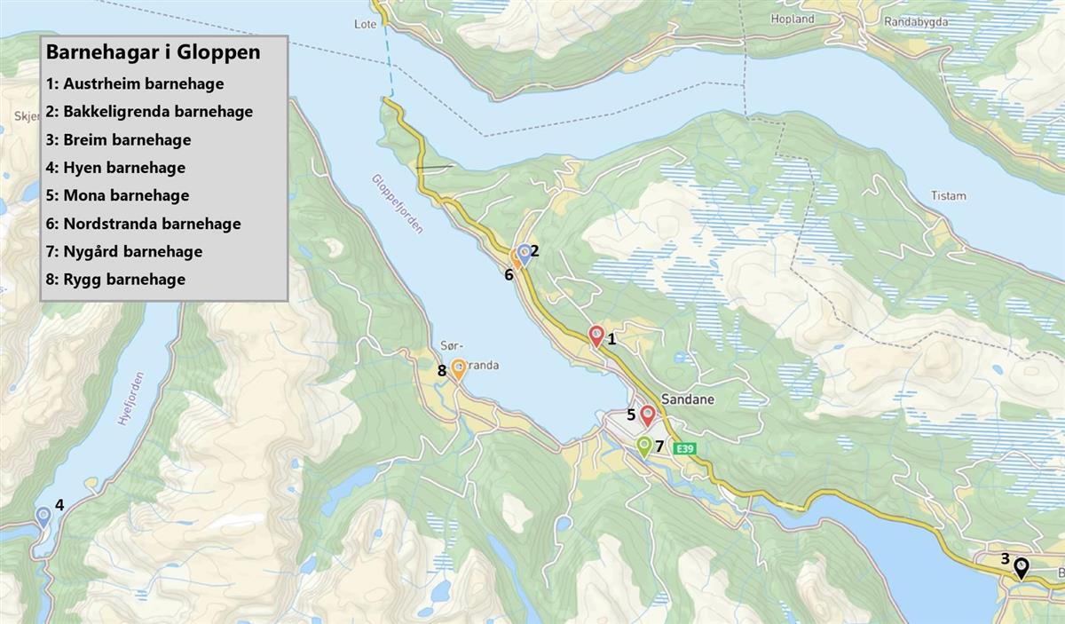 Kart som viser geografisk plassering av barnahagar i Gloppen - Klikk for stort bilete